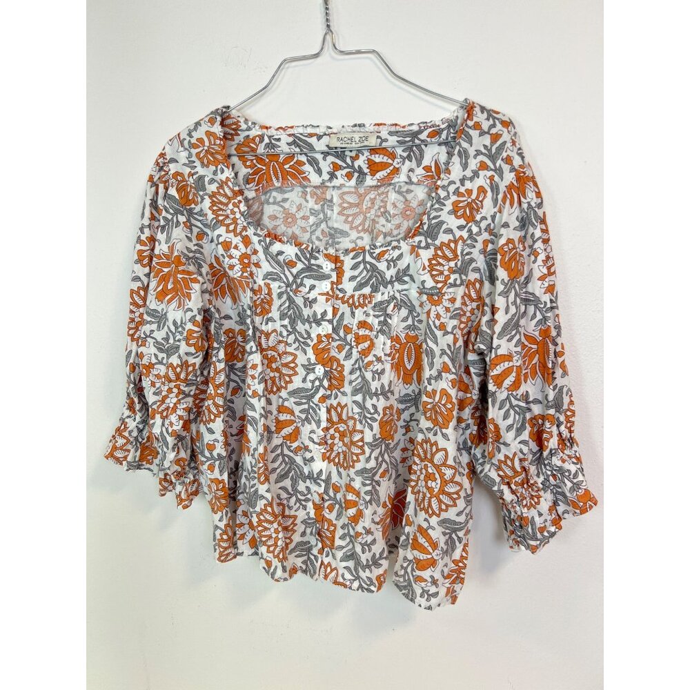 Rachel Zoe M Floral Blouse Linen Blend Button Front Poof Sleeve
